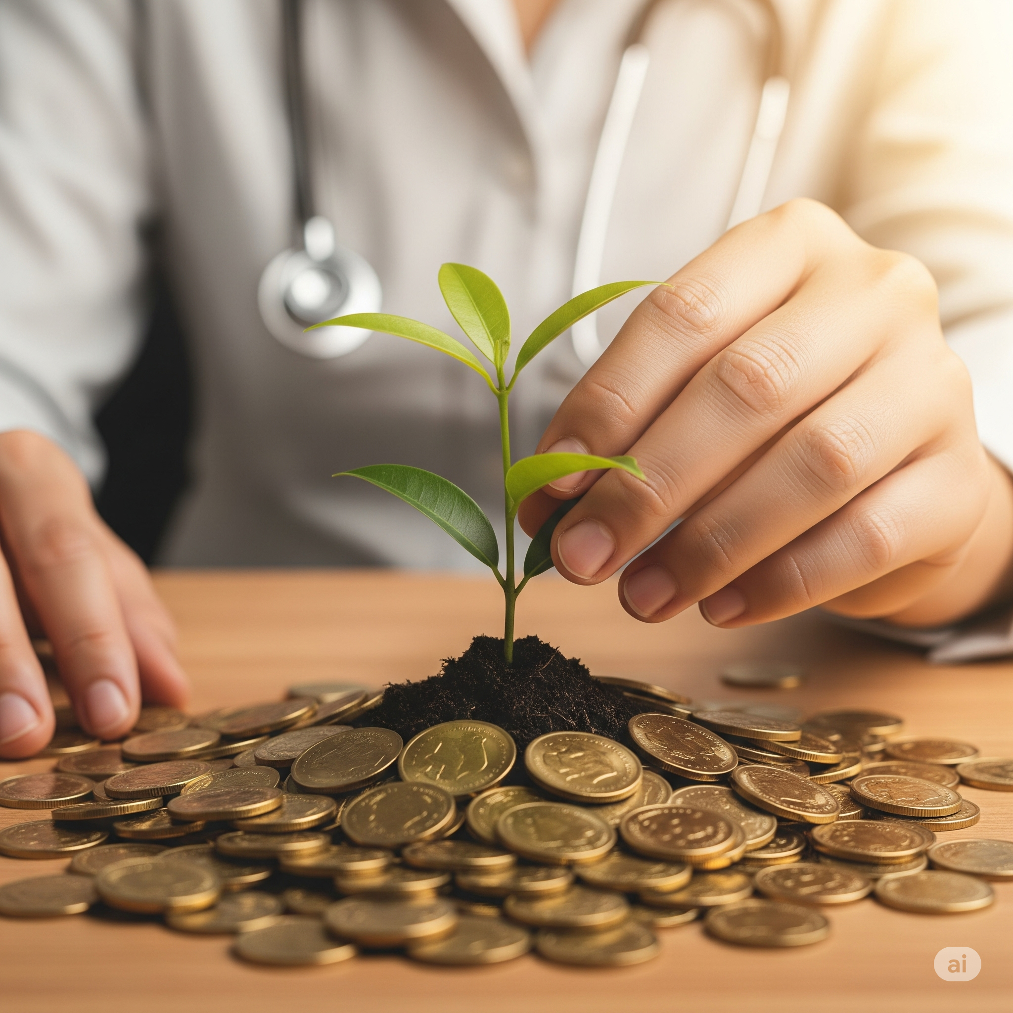 사회복지 전문직 여성의 손이 동전 더미에서 자라나는 작은 나무를 소중히 들고 있는 모습. 재정적 성장과 장기 투자를 상징하는 이미지.