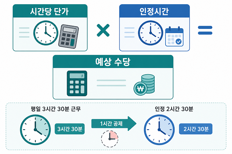 평일 시간외근무 3시간 30분에서 1시간을 공제해 2시간 30분을 인정하는 계산 예시