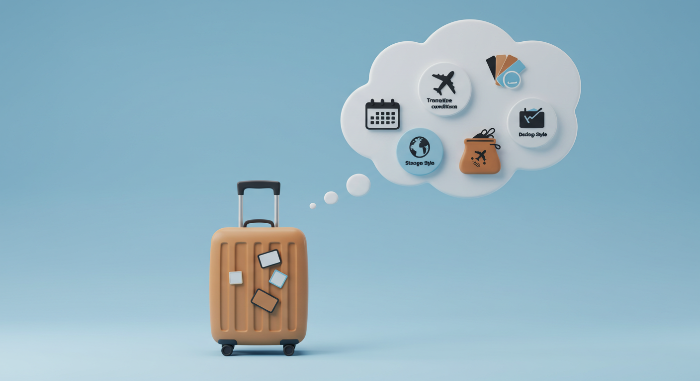 여행 스타일에 맞는 캐리어 선택 기준을 보여주는 아이콘