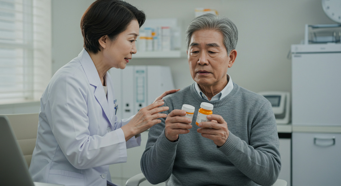 파킨슨병으로 의사에게 약을 권유 받는 중년의 남성 이미지