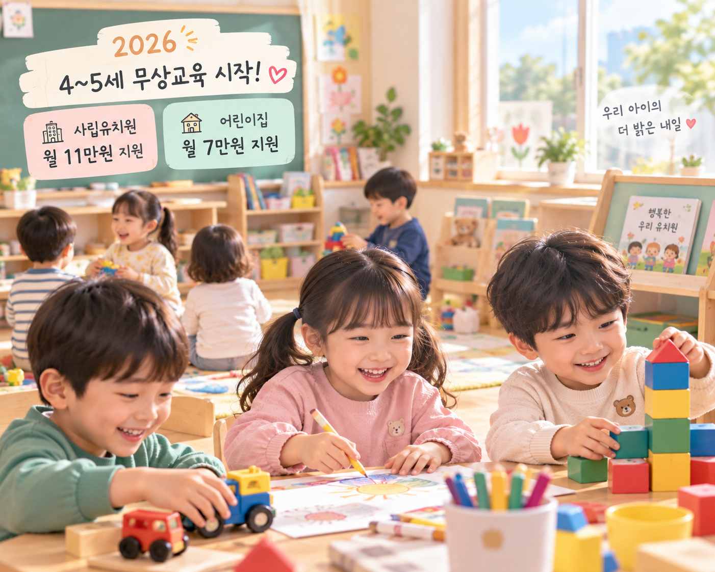 2026 4~5세 무상교육 시작! 사립유치원 월 11만원&middot;어린이집 월 7만원 지원