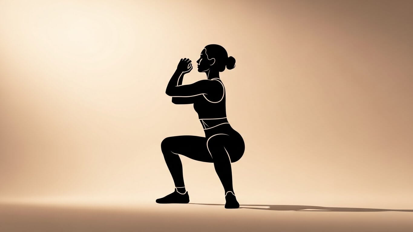 정확한 스쿼트 자세를 취하는 여성 실루엣 일러스트. 하체 근력 강화와 근감소증 예방 운동을 상징적으로 보여주는 미니멀 이미지.
