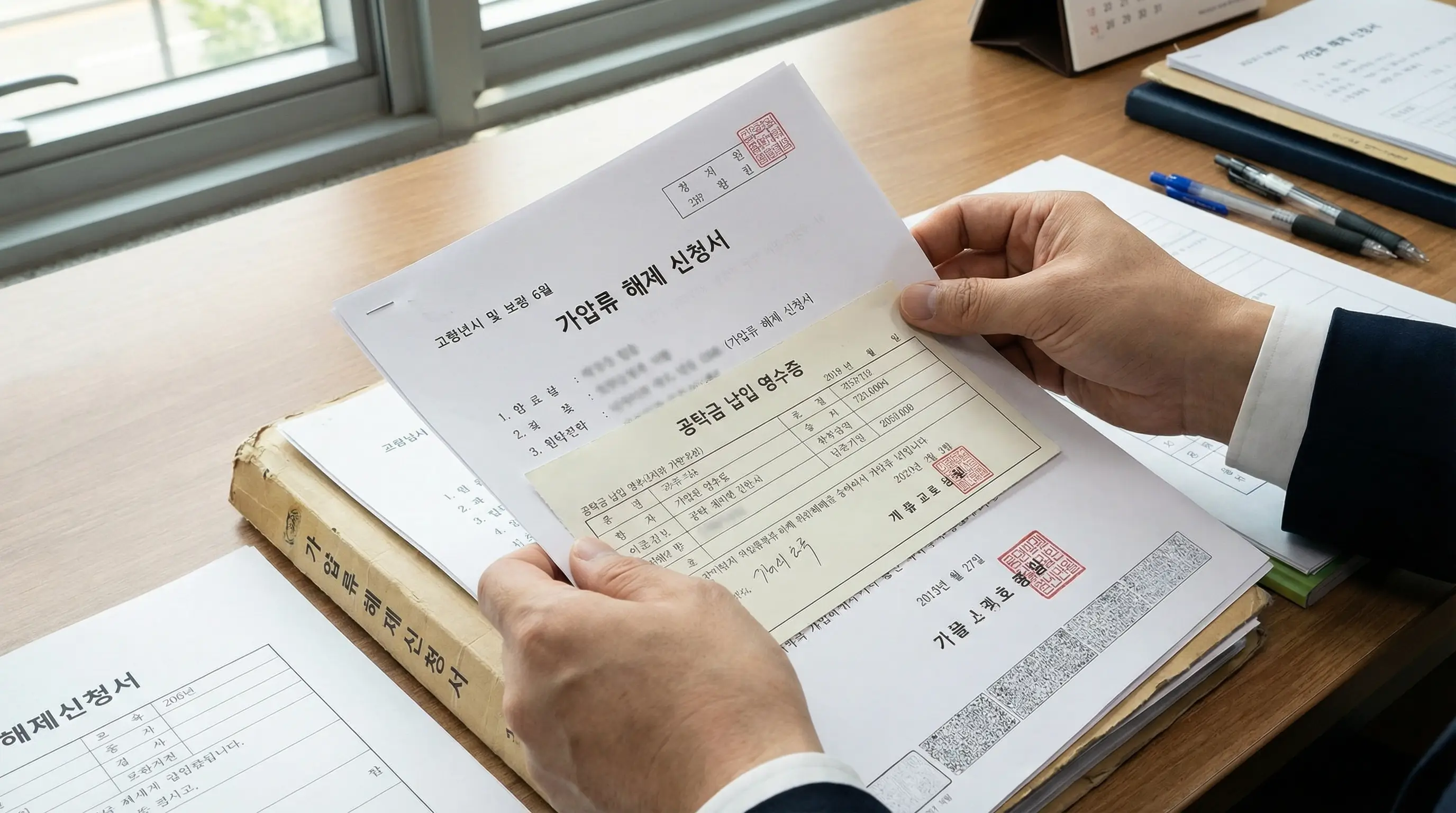 법원에 제출할 가압류 해제 신청서와 공탁금 영수증을 꼼꼼히 챙기는 손의 클로즈업