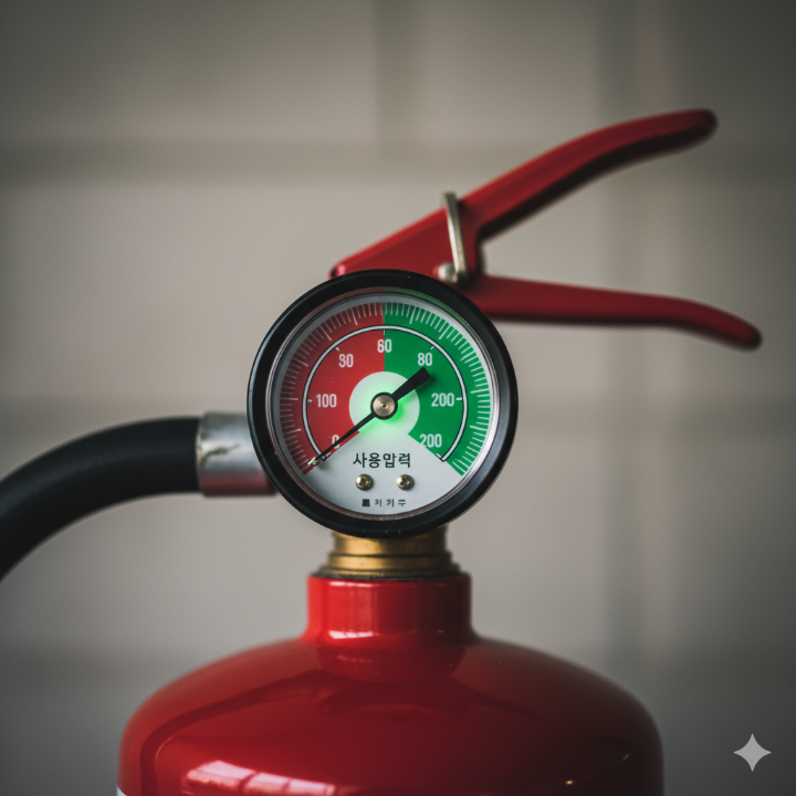 소화기 압력 게이지를 클로즈업하여 녹색 부분을 강조한 사진