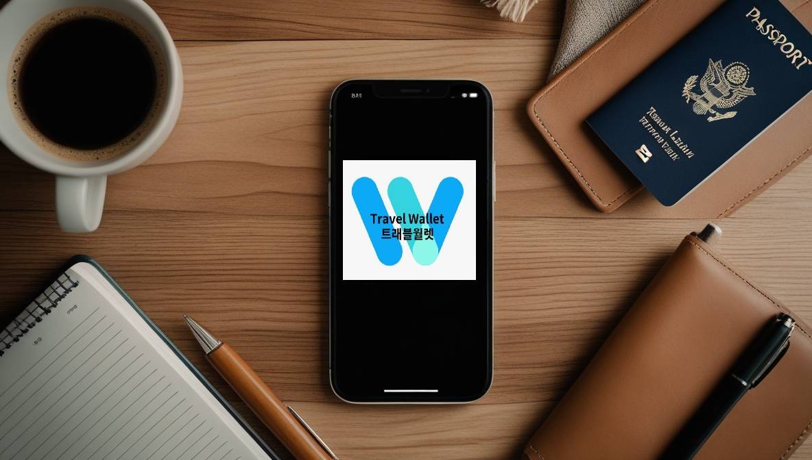스마트폰 화면에 트래블월렛 앱 아이콘이 강조되어 있고, 주변 배경은 커피와 여권이 놓인 편안한 책상 위 풍경
