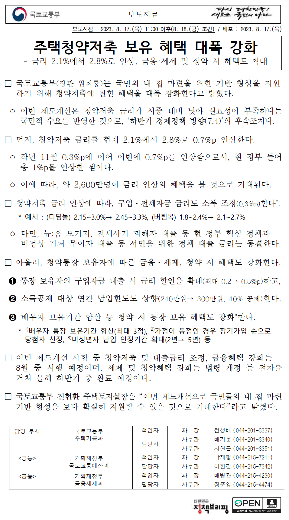 주택청약저축 보유 혜택 대폭 강화 보도자료