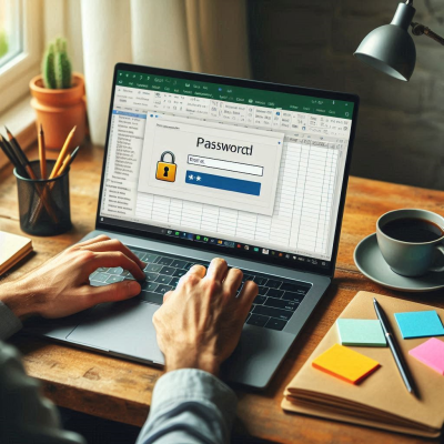 "사용자가 Excel 파일에서 비밀번호를 설정하려는 모습."