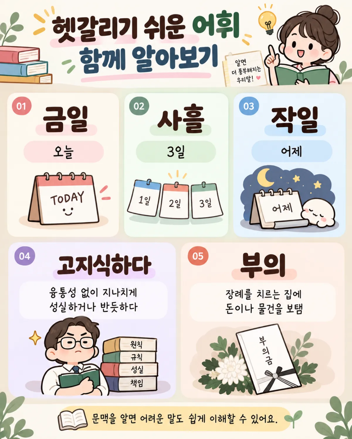 금일 오늘 사흘 3일 작일 어제 고지식하다 부의 뜻을 그림으로 설명한 우리말 어휘 모음