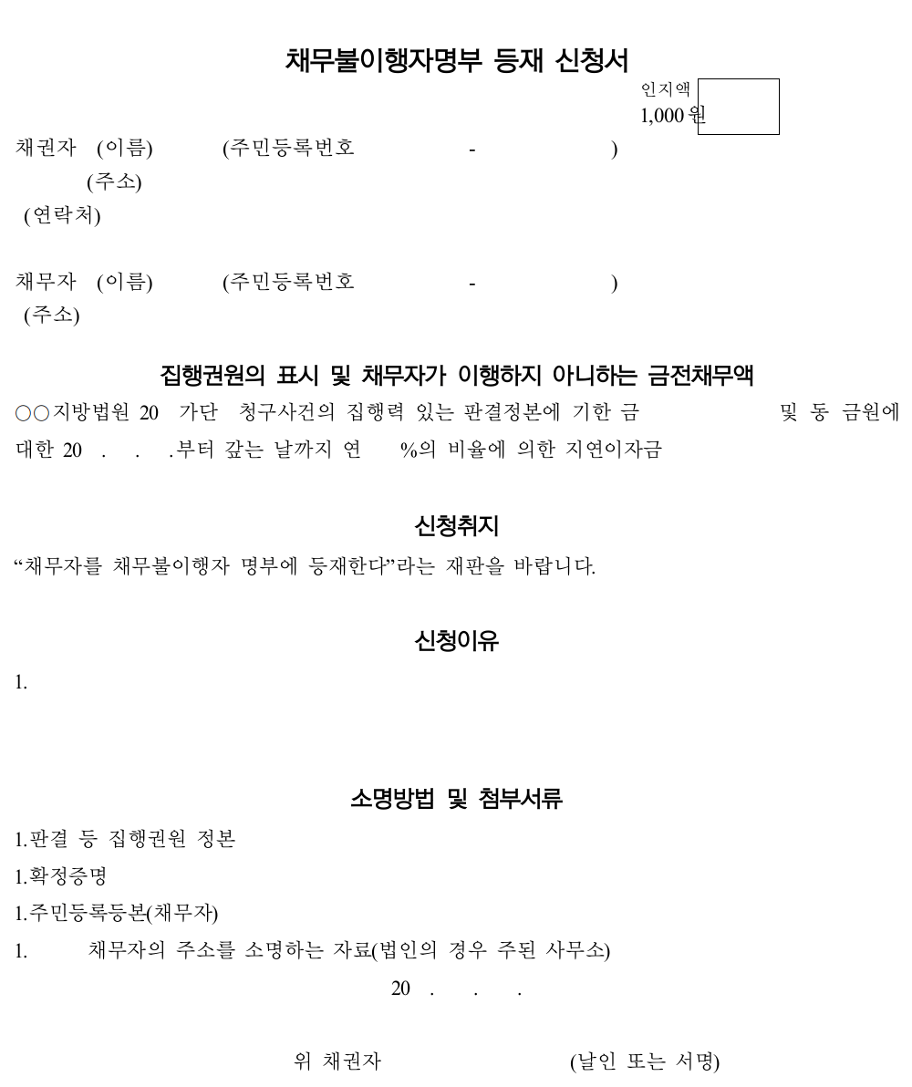 채무불이행자 명부등재 신청서