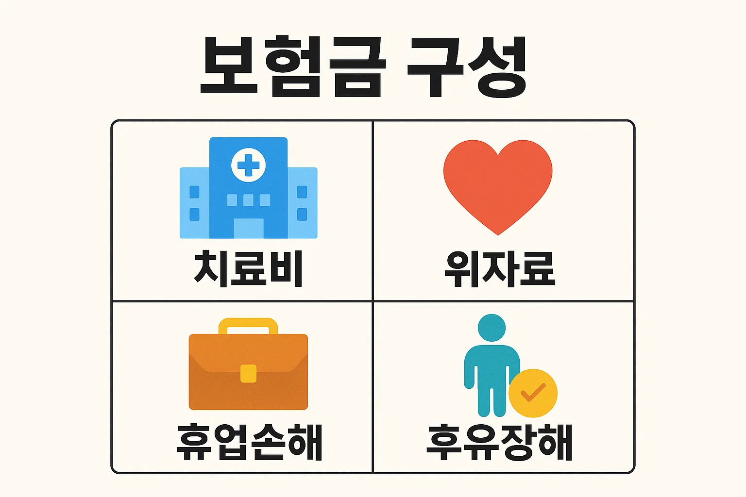 치료비, 위자료, 휴업손해, 후유장해로 이루어진 자동차 책임보험 합의금 구조를 간결하게 시각화한 인포그래픽으로, 각 항목의 역할과 중요도를 직관적으로 이해할 수 있습니다.