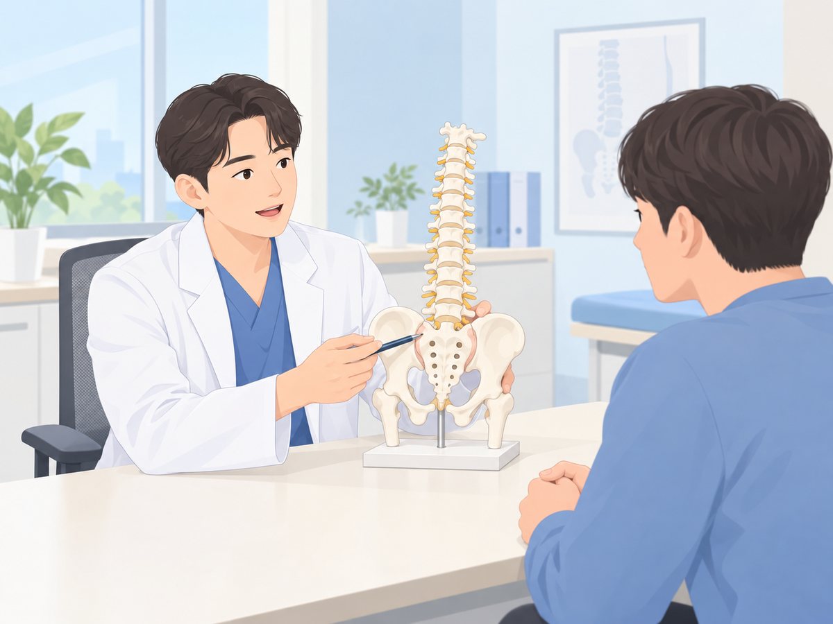 의사가 척추와 골반 모형의 골반 뒤쪽 관절을 가리키며 설명하는 장면