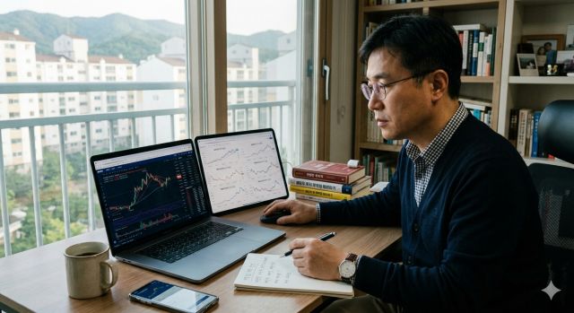 2026년 투자자가 비트코인과 고배당 우선주 차트를 비교하며 투자 전략을 고민하는 모습