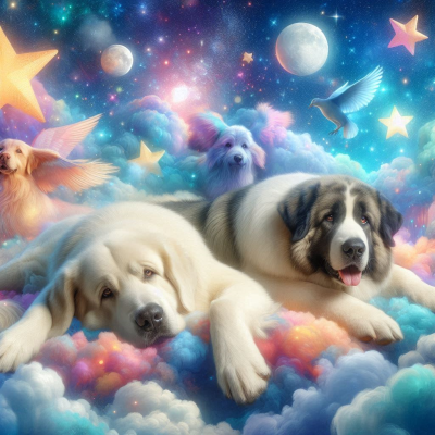 "꿈속의 구름 위에서 여러 마리의 강아지들이 별들과 함께 쉬고 있는 장면입니다."