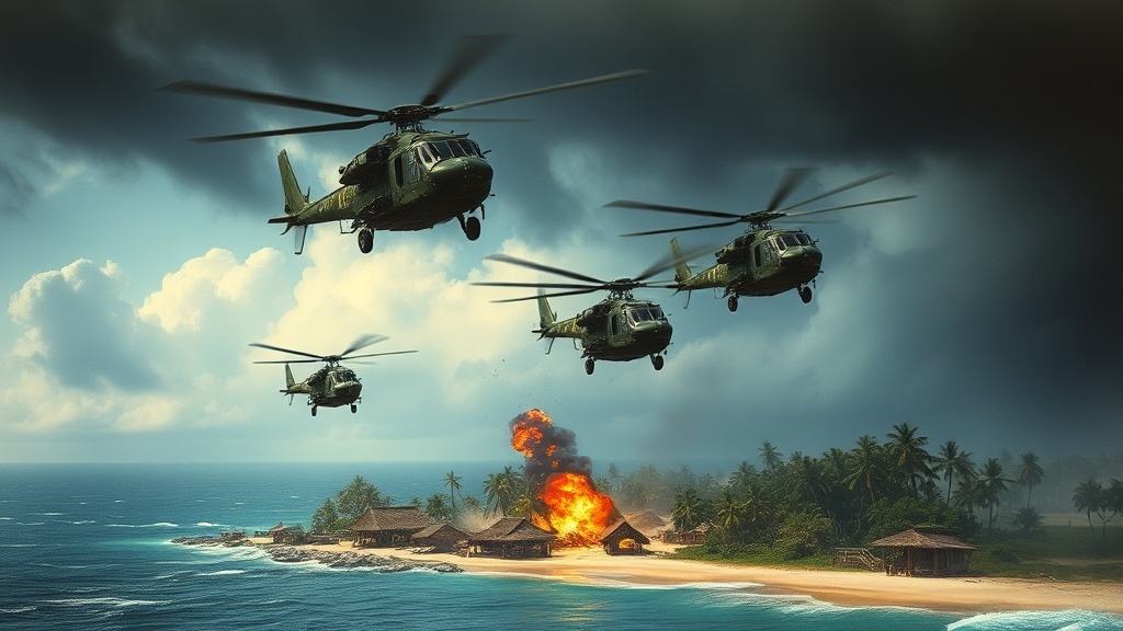 AI 생성 : 영화 지옥의 묵시록 명장면 재현- 열대 해안가를 배경으로 폭격중인 헬기편대와 화염이 치솟는 마을 풍경