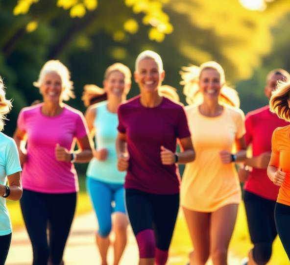 활동적인 운동을 하고 있는 중년 여성들