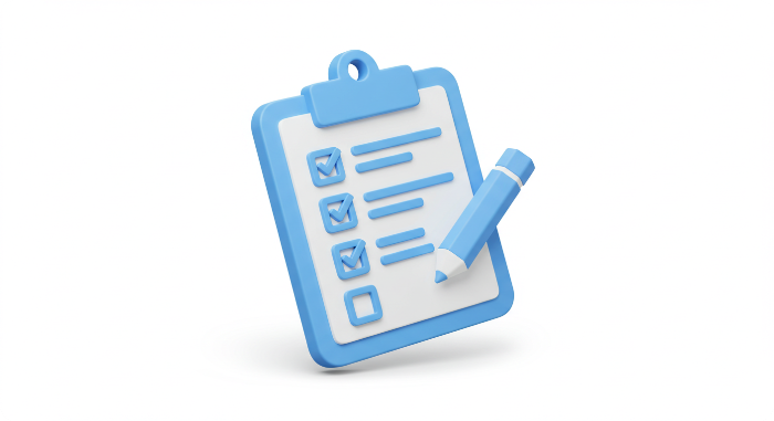 체크박스가 있는 클립보드와 연필을 표현한 3D 자가진단 아이콘