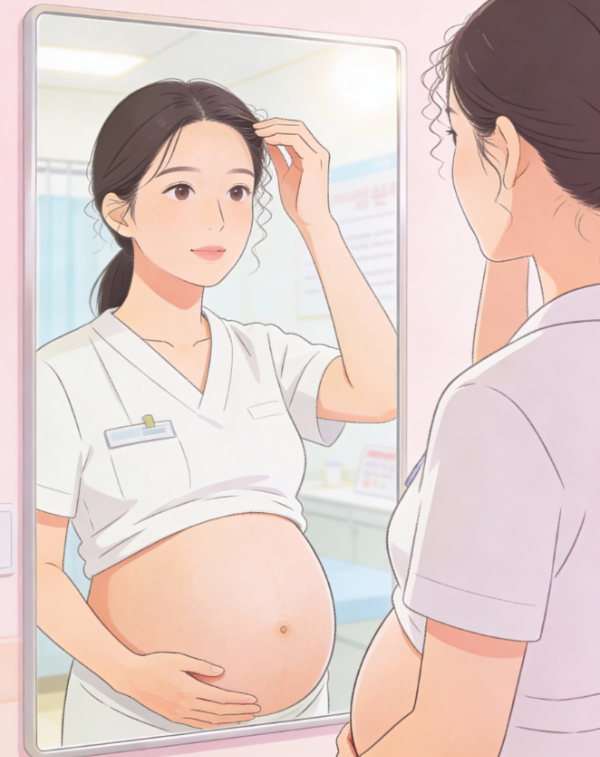 후 탈모를 걱정하며 거울을 보는 여성의 일러스트, 출산 후 영양 관리와 식습관 가이드와 관련된 이미지