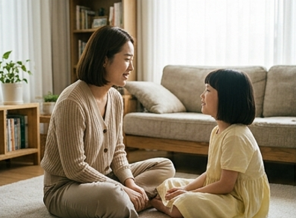 엄마와 딸이 마주 앉아 이야기 나누는 모습