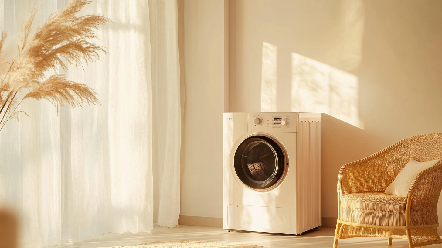 미니멀한 인테리어의 한 켠에 자리잡은 세탁기와 건조기, 공간을 절약하면서도 스타일리시한 가정용 가전