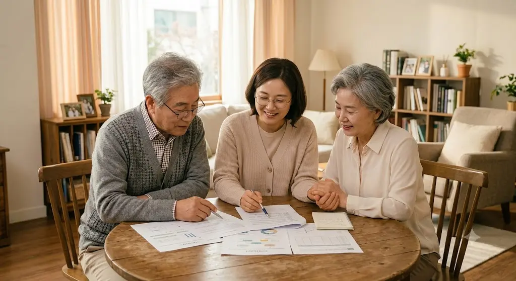중년 자녀가 노년 부모와 나란히 앉아 서류를 함께 살펴보는 모습