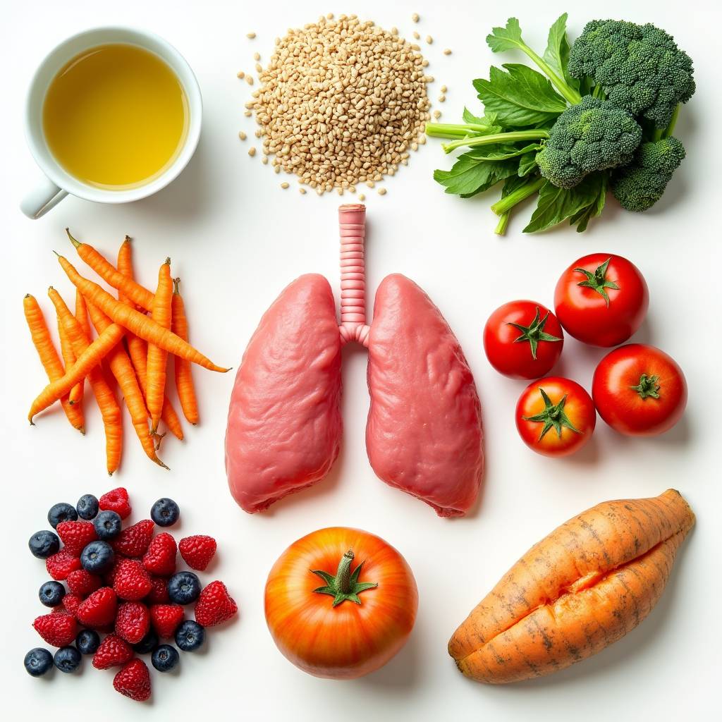 다양한 폐 건강에 좋은 음식들을 보여주는 컬러풀한 사진. 녹차, 통곡물, 베리류, 녹색 채소, 토마토, 고구마, 당근, 사과, 호박, 고등어가 아름답게 배치되어 있습니다.