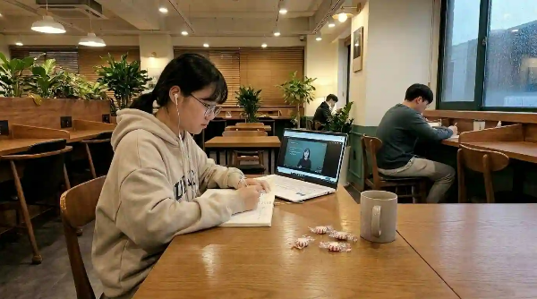 스터디 카페에서 공부하는 학생 책상에 머그잔과 박하사탕 몇 개가 놓여 있음.