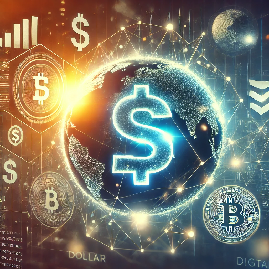 "디지털 달러 및 중앙은행 디지털 화폐(CBDC)의 개념을 표현한 미래 지향적 금융 일러스트. 블록체인 기술, 글로벌 금융 네트워크, 그리고 빛나는 달러 기호가 어우러진 이미지로 디지털 경제의 변화를 상징함."