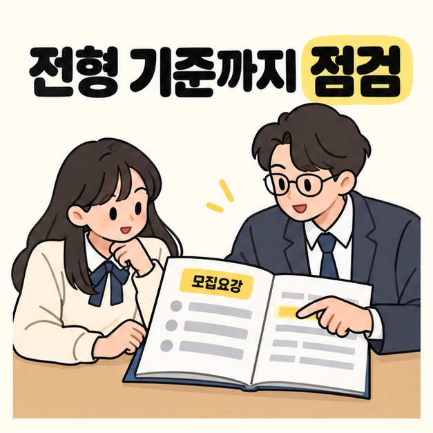 전형 기준까지 점검 문구 아래에서 학생과 상담 교사가 펼친 모집요강을 함께 확인하는 모습