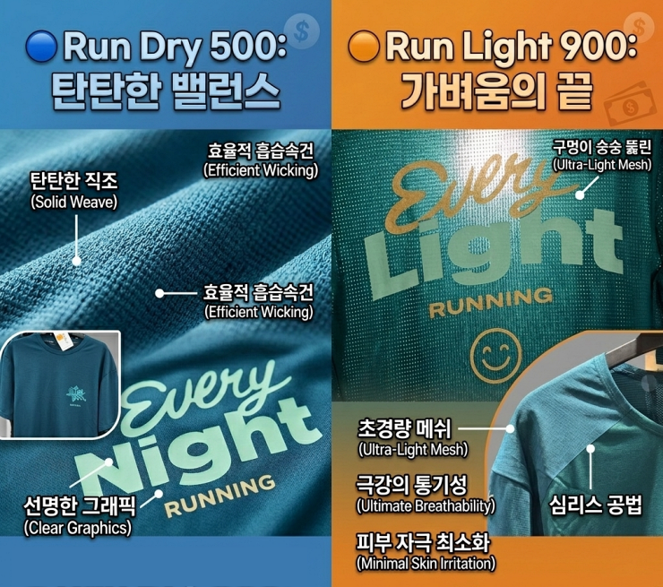 데카트론 런 드라이 500 vs 런 라이트 900 러닝 반팔티 소재 근접 비교