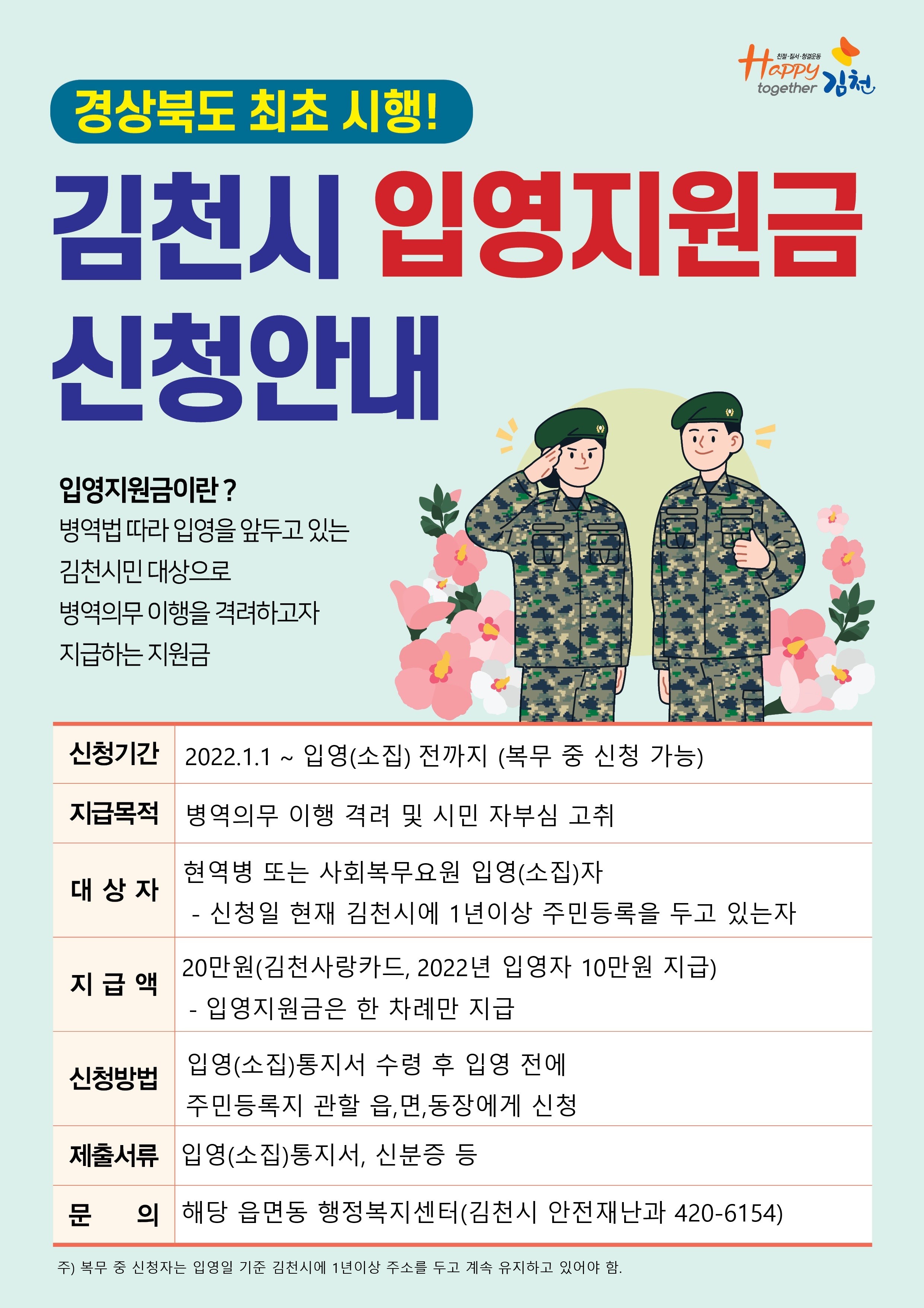 김천시 입대 입영지원금 20만원