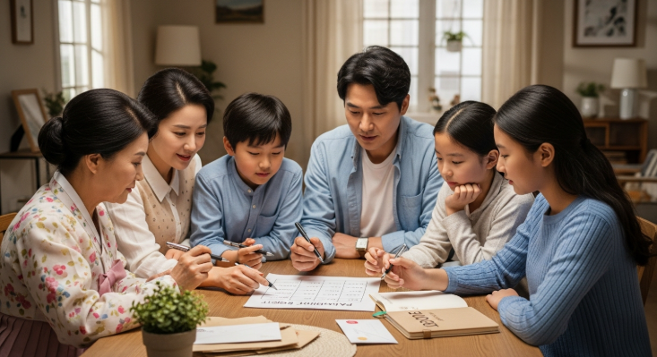 온 가족이 식탁에 둘러앉아 가계부를 보며 용돈 및 가족 재정에 대해 진지하게 이야기하는 모습. 화목한 분위기 속에서 경제 교육이 이루어지고 있다.