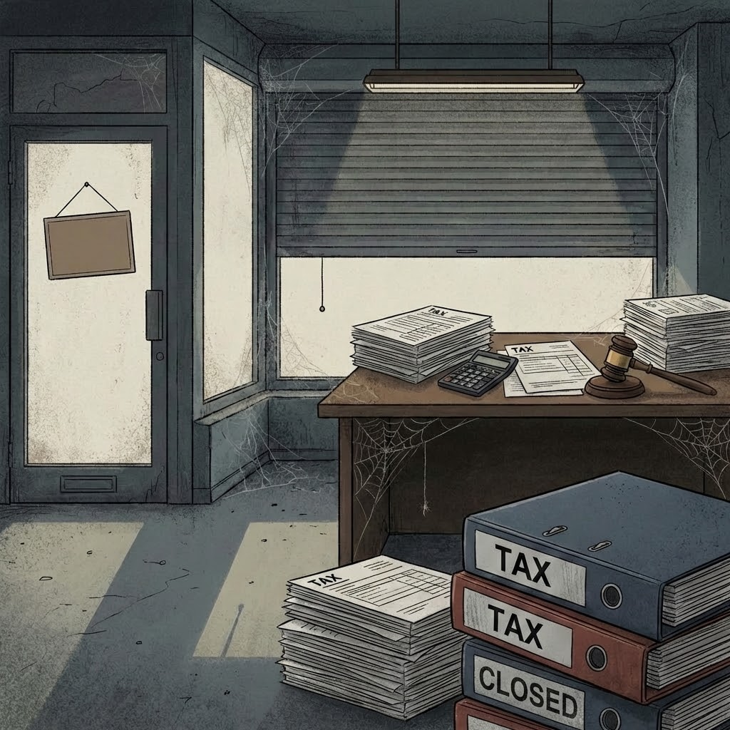 셔터가 내려진 폐업 사무실 책상 위에 세금 서류와 계산기가 놓여 있는 모습으로 폐업 후 세무 리스크를 상징함