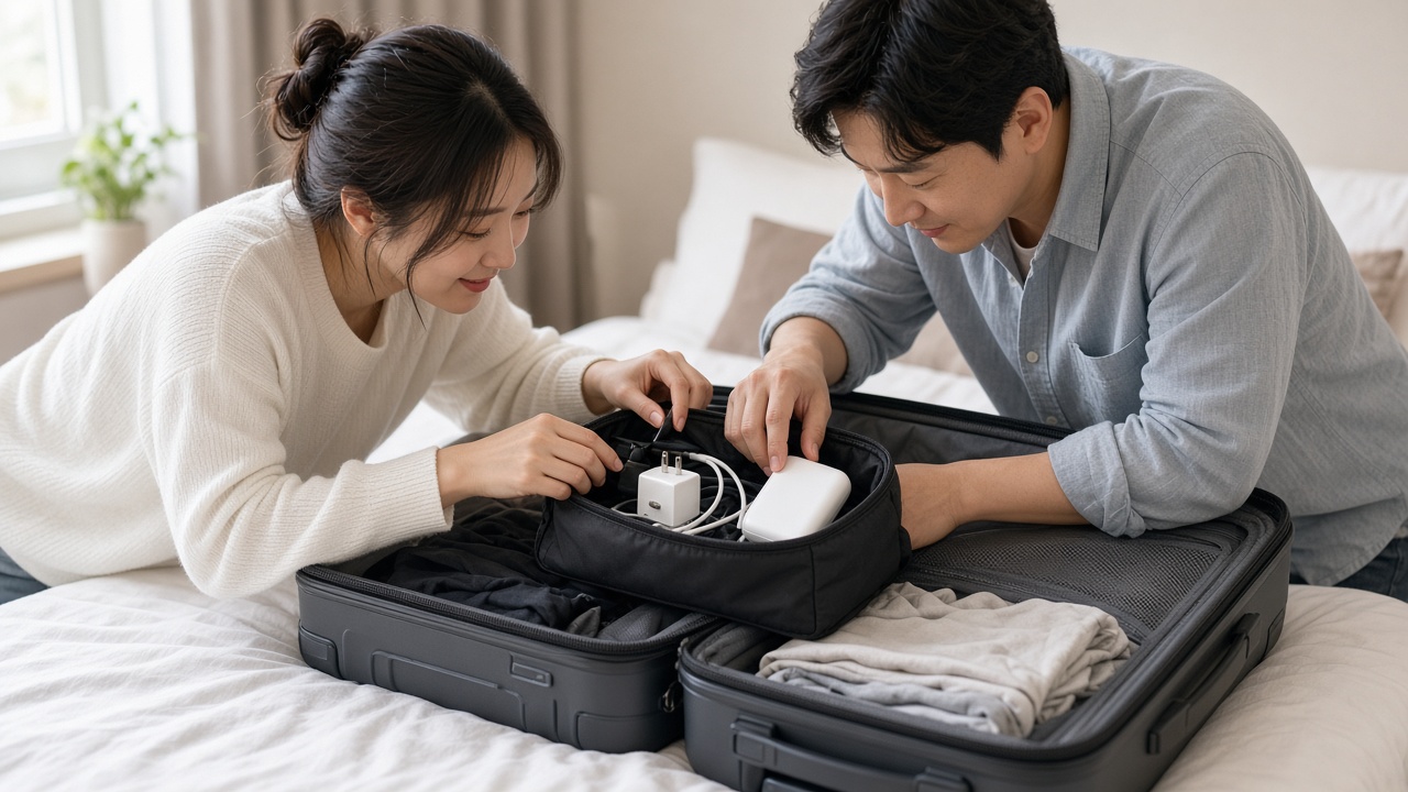 여행 전 캐리어에 어댑터와 충전기 파우치를 챙기는 30대 한국인 부부