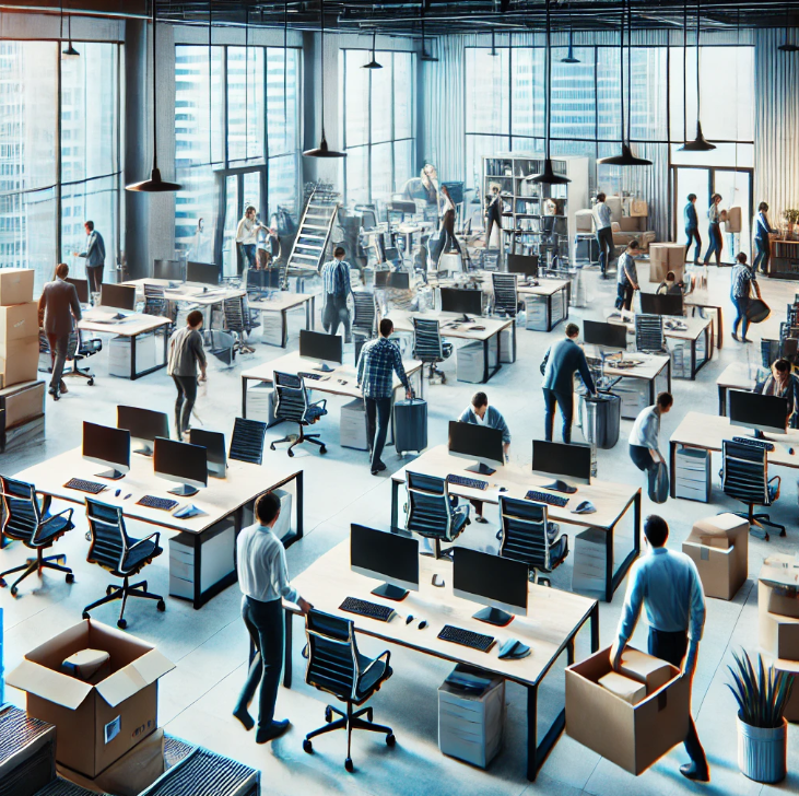 사무실에서 직원들이 사무실을 비우는 모습
