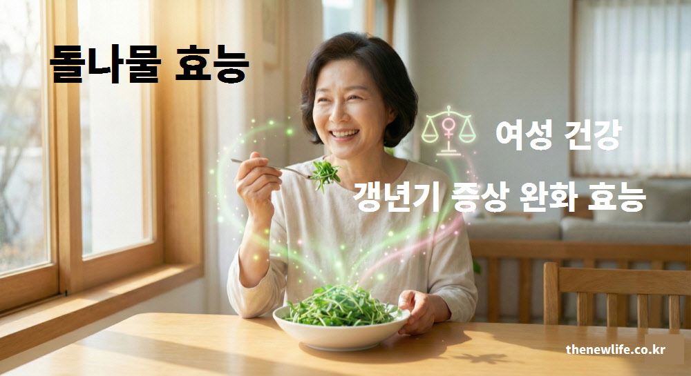 돌나물을 먹으며 웃고 있는 중년 여성 이미지와 여성 건강, 갱년기 증상 완화 효능을 강조한 문구