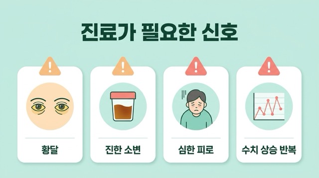 ALT 재검 병원 진료 황달 진한 소변 수치 상승 반복