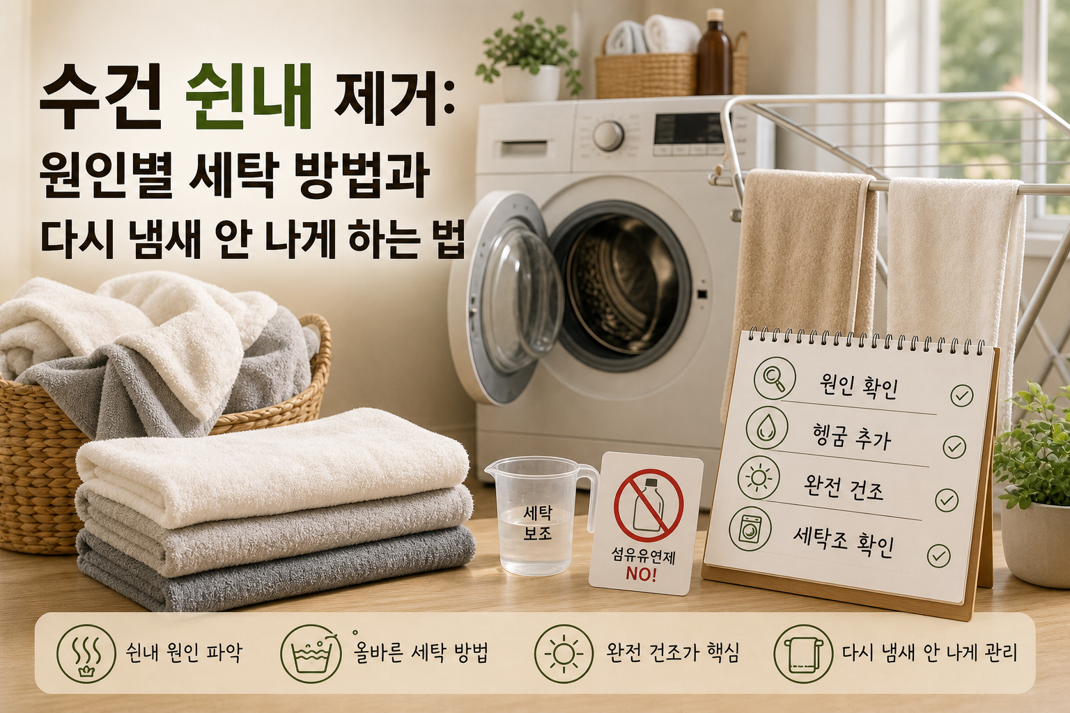 수건 쉰내 제거를 위해 세탁기와 건조대, 원인별 체크리스트를 확인하는 대표 이미지