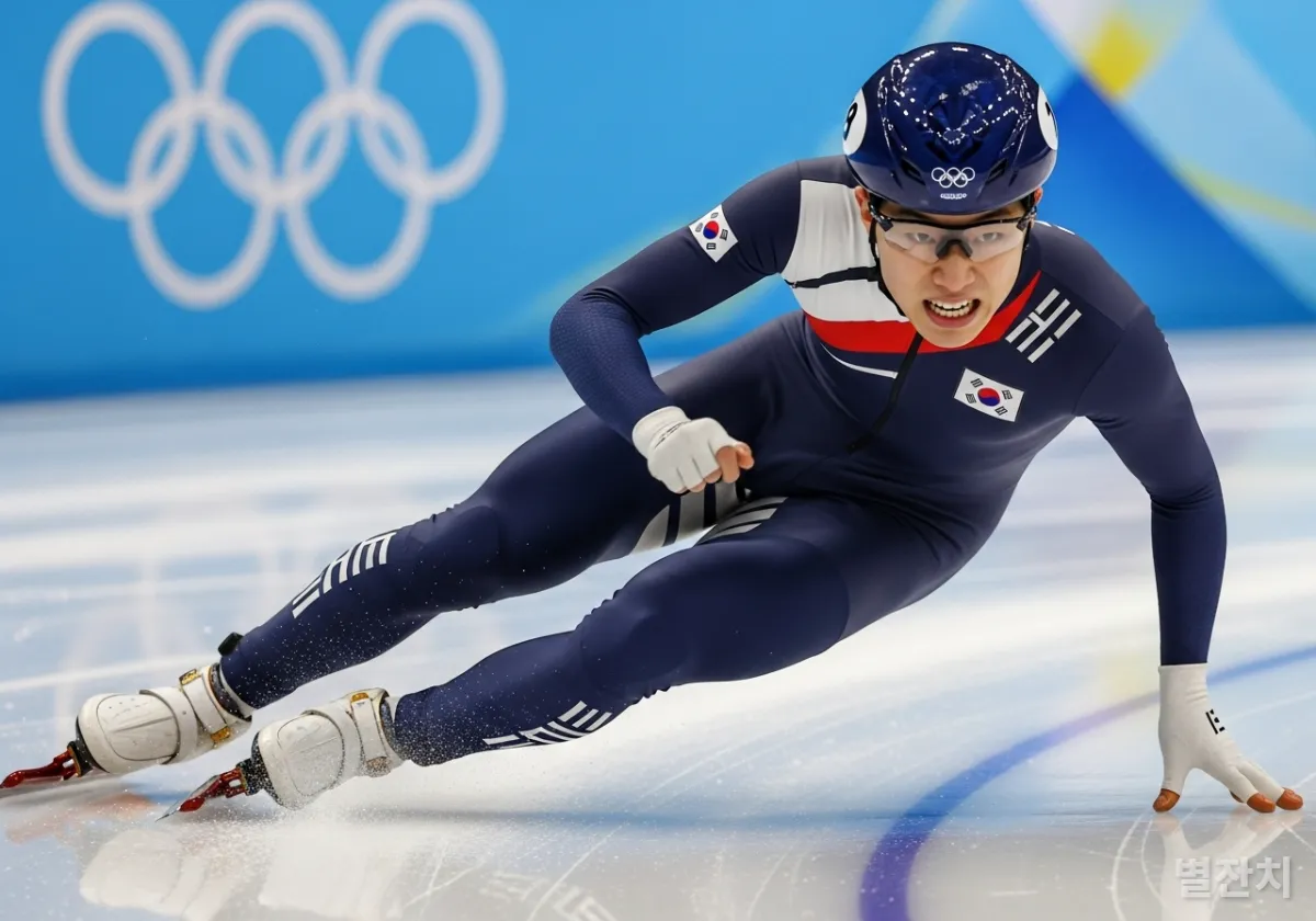 빙판 위를 질주하는 대한민국 쇼트트랙 국가대표 선수의 역동적인 모습