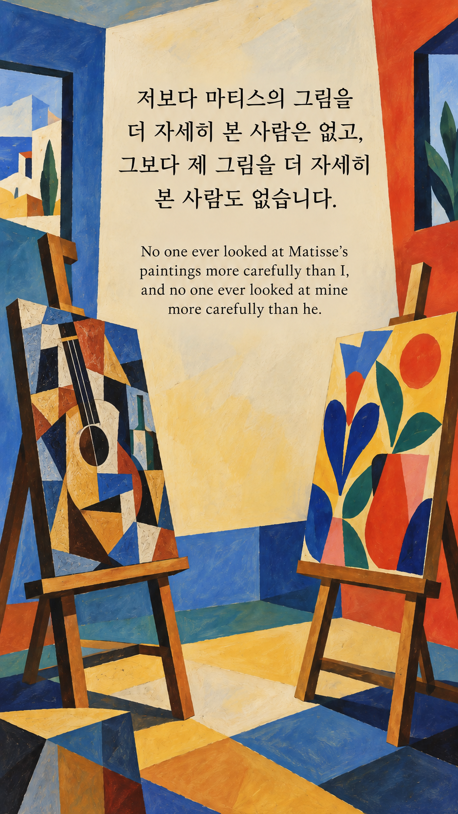 저보다 마티스의 그림을 더 자세히 본 사람은 없고, 그보다 제 그림을 더 자세히 본 사람도 없습니다. &mdash; 서로 마주한 두 개의 무인 이젤과 대비되는 색면, 입체파와 밝은 장식적 색채가 대화하는 그림