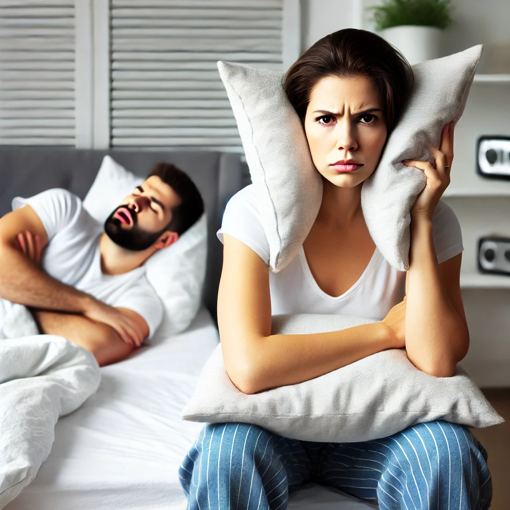 코골이로 인해 잠을 설친 여성, 귀를 막기 위해 베개를 귀에 대고 괴로워하는 모습. 옆에서 깊이 잠든 남성은 심하게 코를 골고 있으며, 부부의 수면 문제를 암시하는 장면