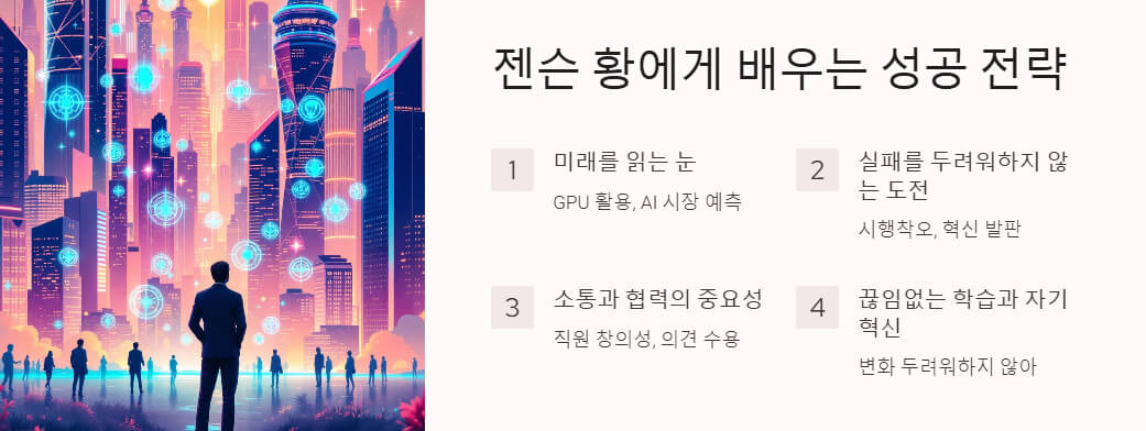 대도시의 디지털화된 미래를 상징하는 그래픽과 도시 전경을 배경으로 인물을 묘사한 이미지. 첨단 기술과 글로벌 리더십을 상징.