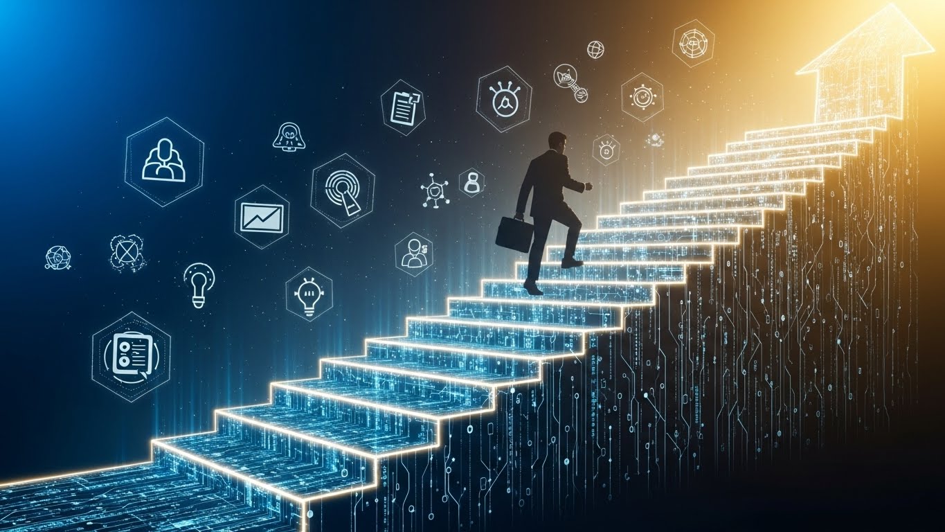 서류가방을 든 비즈니스맨이 빛나는 디지털 데이터 계단을 올라 집 모양의 목표를 향해 가는 모습 - 주변에 떠있는 비즈니스 아이콘들(차트, 전구, 사람, 문서, 네트워크)과 함께 성장과 성공을 향한 디지털 트랜스포메이션 비즈니스 여정을 상징