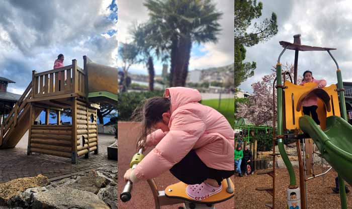 맨발의 슬리퍼 사이로 발가락이 얼 것같은 추위에도, 
몽트뢰 레만호 산책로의 놀이터에 노느라고 들어갈 생각이 없는 아미