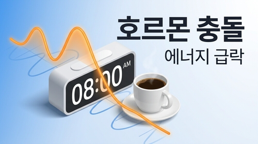 호르몬 충돌 에너지 급락 문구와 08:00 알람 시계 및 하락하는 그래프