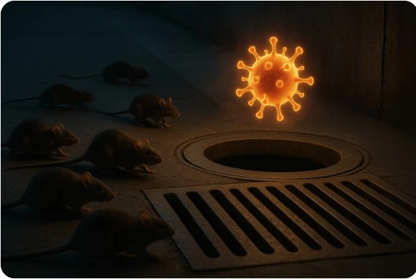 하수구 근처를 달리는 쥐 무리와 감염병 경고 표시