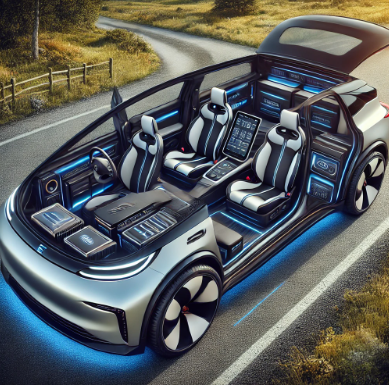 고급 시트 커버, 추가 수납 공간, 첨단 내비게이션 시스템을 갖춘 세련되고 맞춤화된 전기 자동차가 경치 좋은 위치에 주차되어 있는 모습