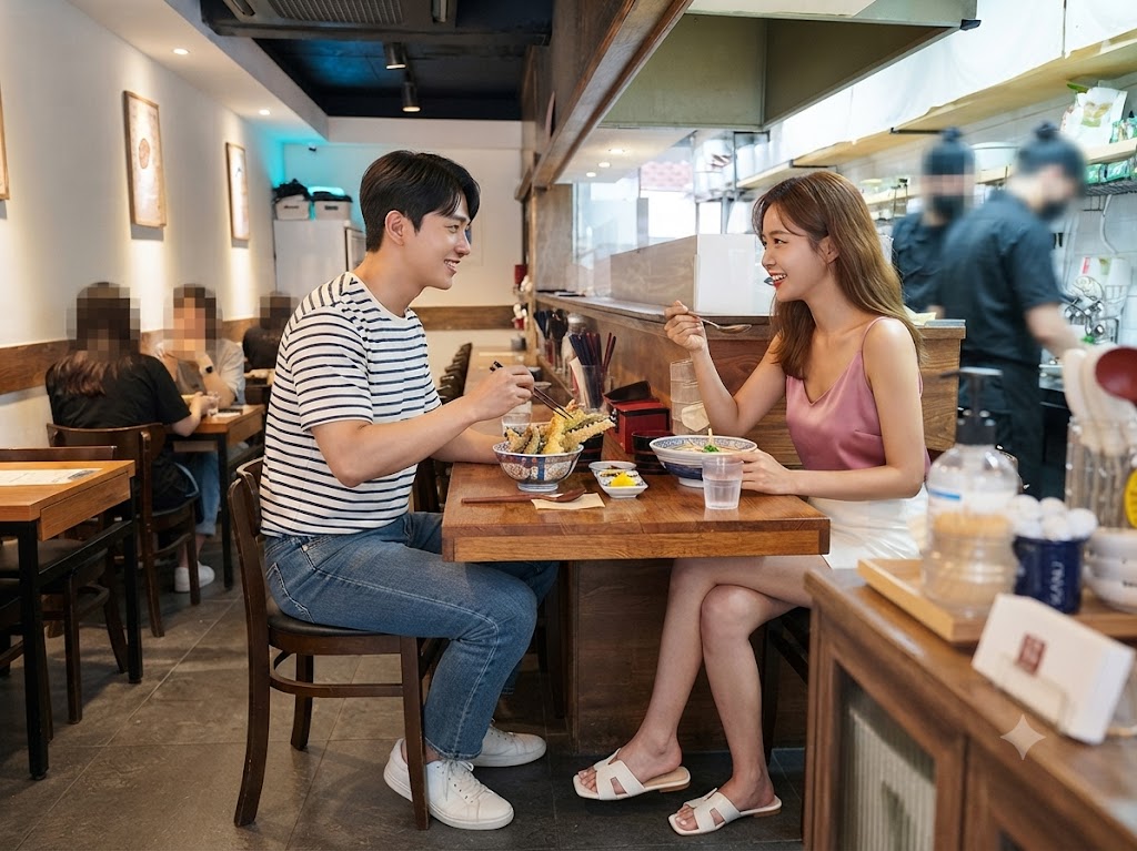 성수동 팝업도 즐기고 맛있는 식사도 하며 즐거운 시간을 보내고 있는 커플