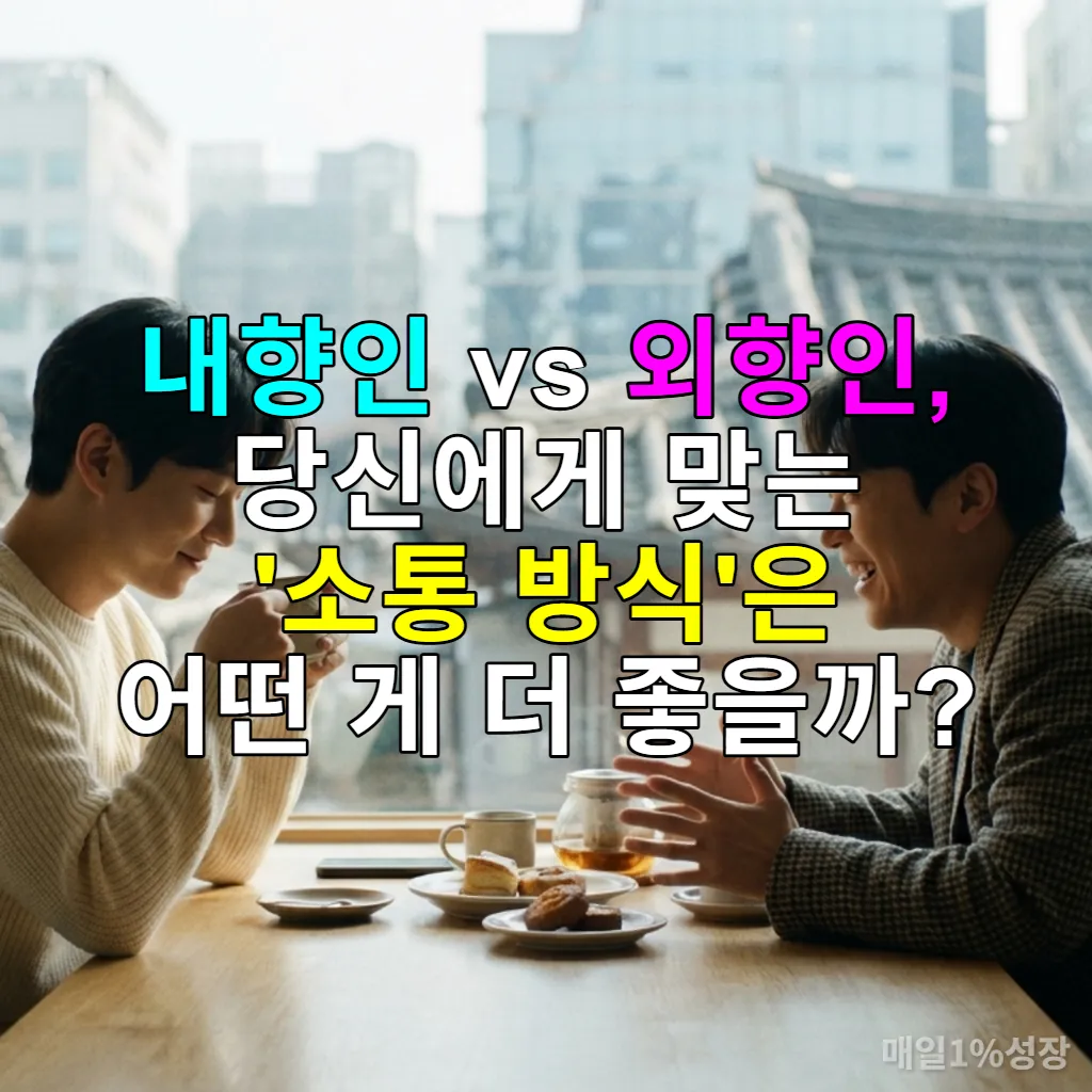 한국 카페에서 내향인과 외향인이 서로의 소통 방식을 이해하며 대화하는 모습