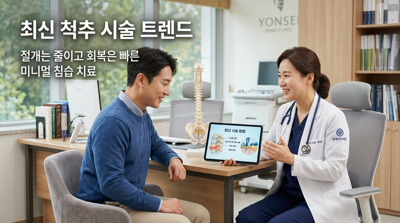 채광이 좋은 아듯하고 첨단 의료 환경의 상담실에서 의사와 환자가 밝은 표정으로 태블릿 화면을 보며 최소침습 척추 치료에 대해 이야기 나누고 있는 모습. '최신 척추 시술 트렌드', '절개는 줄이고 회복은 빠른 미니멀 침습 치료'라는 문구가 적혀 있어, 현대적인 척추 치료의 안전성과 빠른 회복을 시각화함.