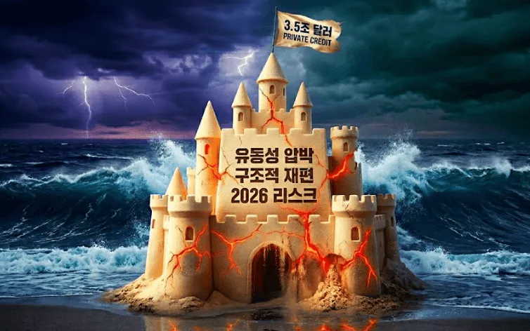 프라이빗 크레딧 위기: 3.5조 달러 규모의 글로벌 프라이빗 크레딧(사모대출) 시장의 붕괴 위험과 유동성 리스크를 상징하는 붉은 균열이 간 모래성의 3D 렌더링 시각화. 폭풍우 치는 바다를 배경으로, 성벽에는 '유동성 압박', '구조적 재편', '2026 리스크'라는 한국어 텍스트가 명확하게 새겨져 있고, 꼭대기 깃발에는 '3.5조 달러'와 'PRIVATE CREDIT'이라고 적혀 있습니다. 이는 2026년 프라이빗 크레딧 위기에 관한 블로그 글의 대표 이미지입니다.